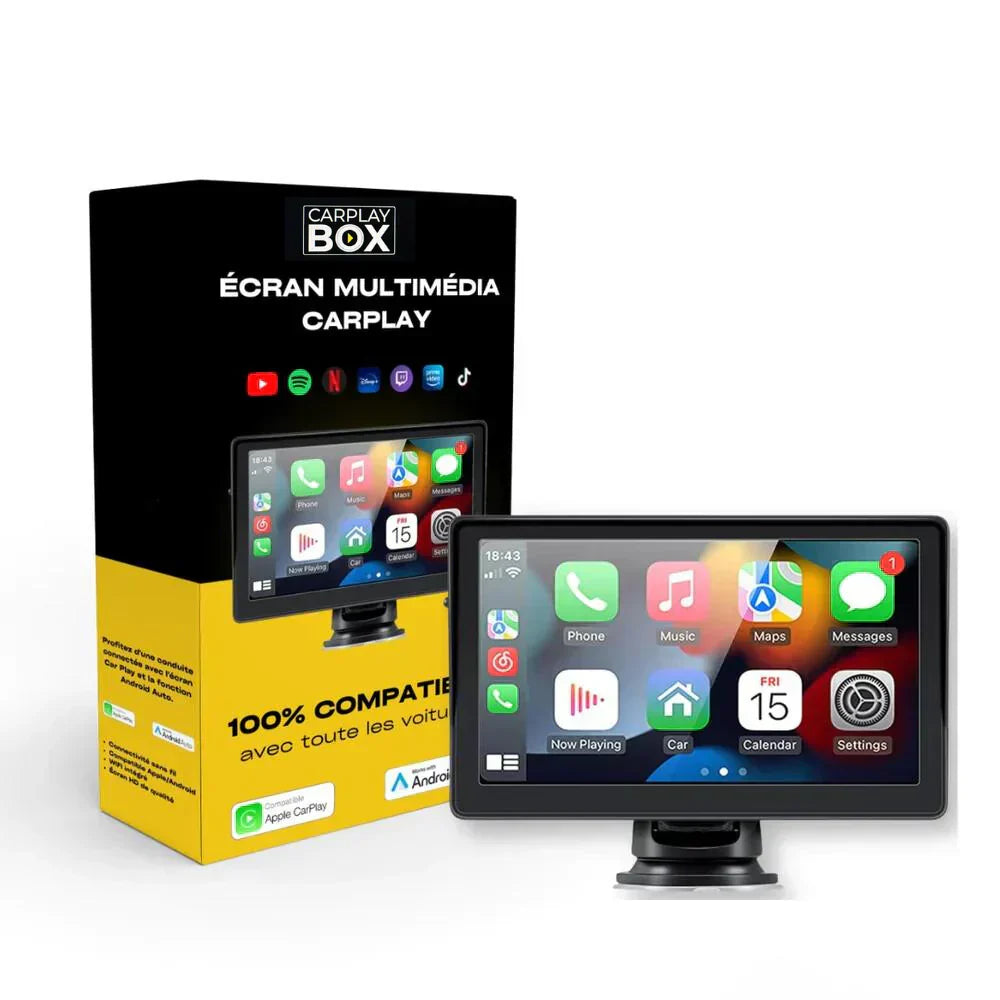 Écran multimédia CarPlayBox pour voiture, montage universel, affichant l’interface Apple CarPlay et livré avec sa boîte aux couleurs noir et jaune.